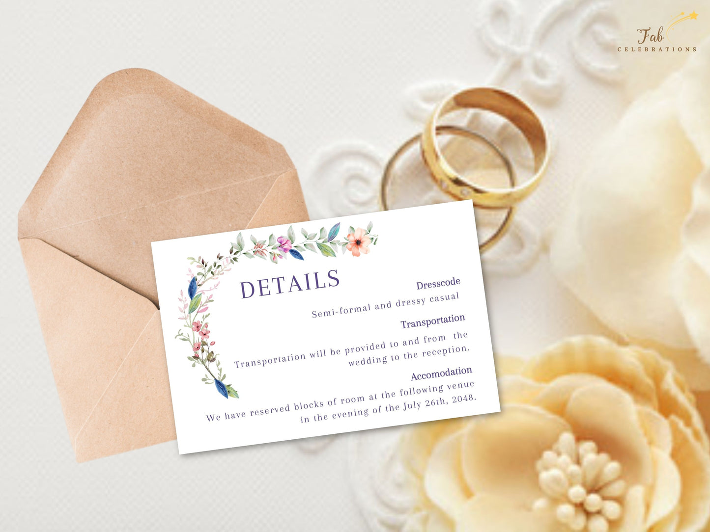 Wedding details template with delicate hand-drawn floral borders and editable text sections, customizable Canva file for modern and bohemian wedding information cards.