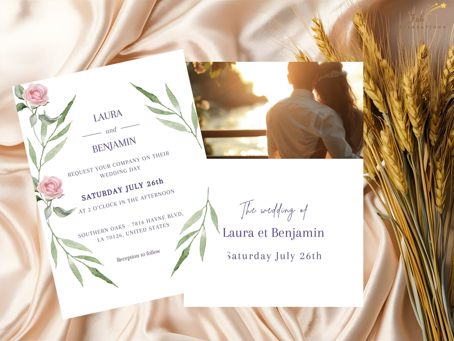 Romantic watercolor wedding invitation set with blush roses, sage leaves, and purple lettering — 6 editable Canva templates for a poetic and stylish wedding stationery experience.