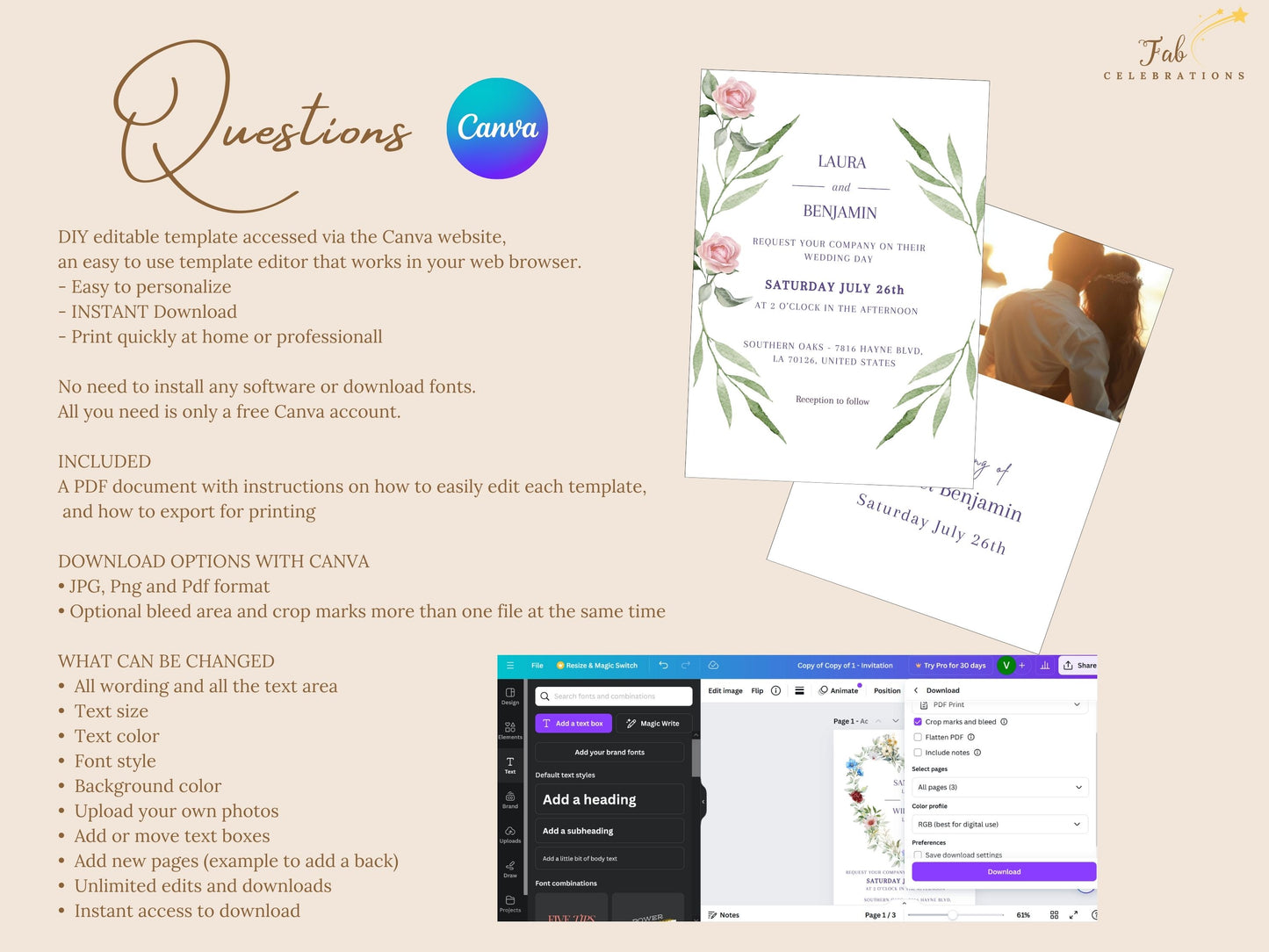 Editable wedding invitation set designed with watercolor pink roses and airy greenery — romantic Canva template suite for timeless stationery with modern elegance and charm.