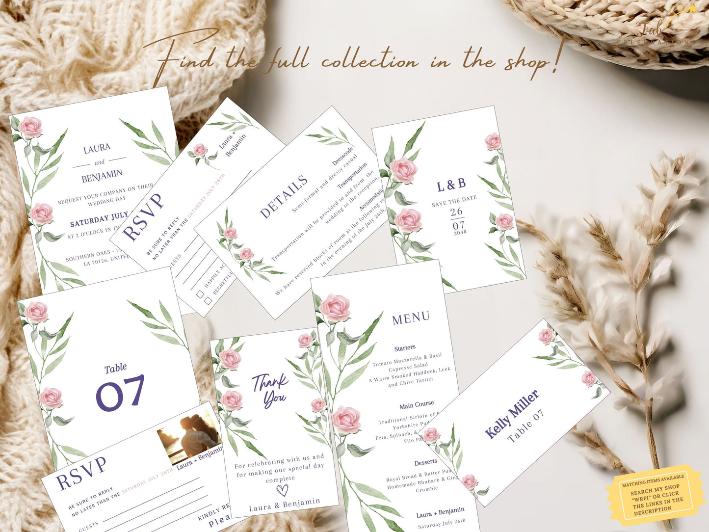 Floral boho wedding invitation set featuring hand-painted roses, lush greenery, and modern typography — customizable Canva template collection for graceful, timeless stationery.