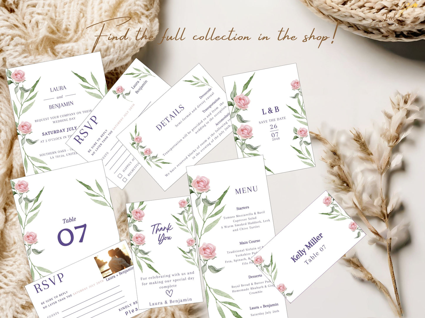 Floral boho wedding invitation set featuring hand-painted roses, lush greenery, and modern typography — customizable Canva template collection for graceful, timeless stationery.