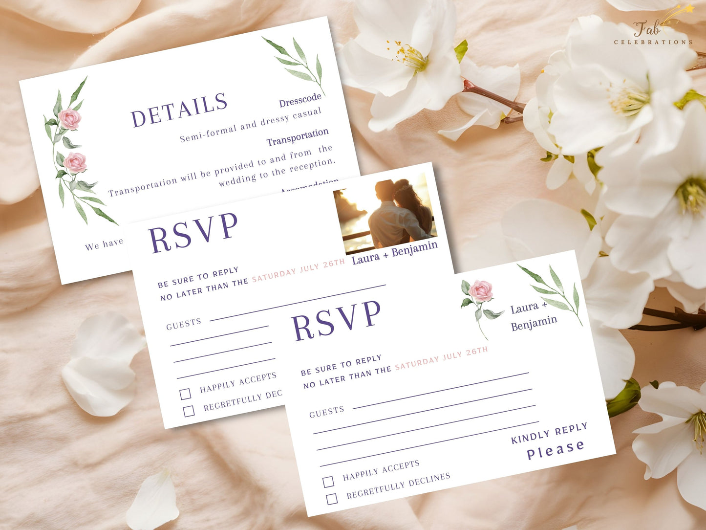 Elegant boho wedding invitation set with soft pink roses, graceful greenery, and modern layouts — printable Canva templates to create timeless, heartfelt stationery collections.