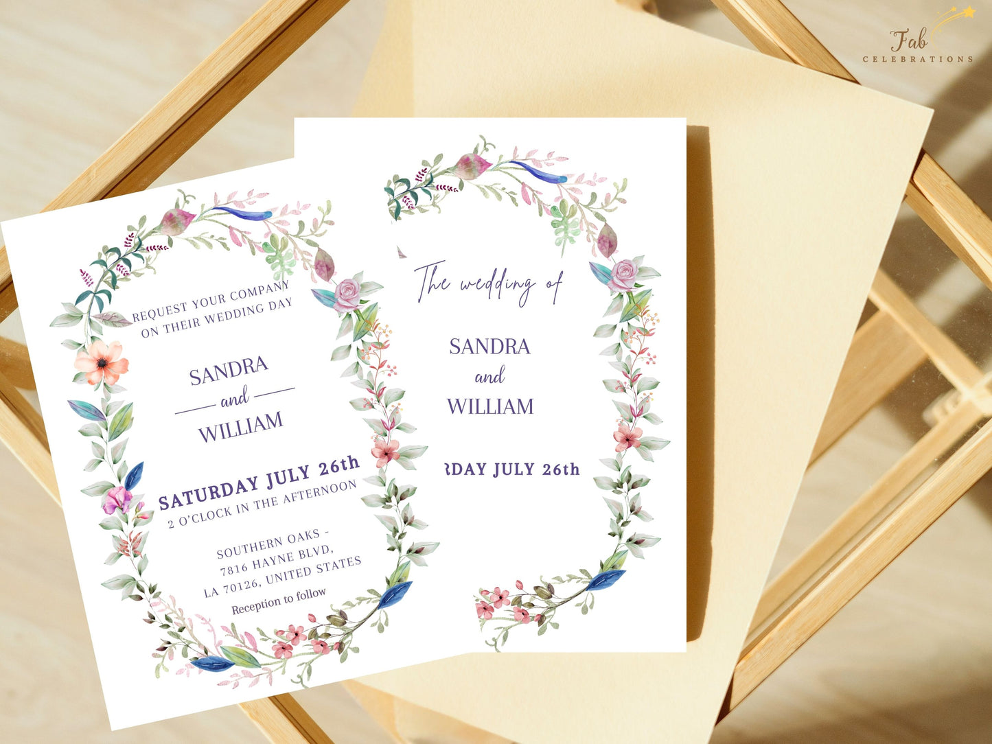Wedding invitation template romantic floral design with delicate botanical illustrations and elegant styling, ideal for garden and outdoor wedding celebrations.
