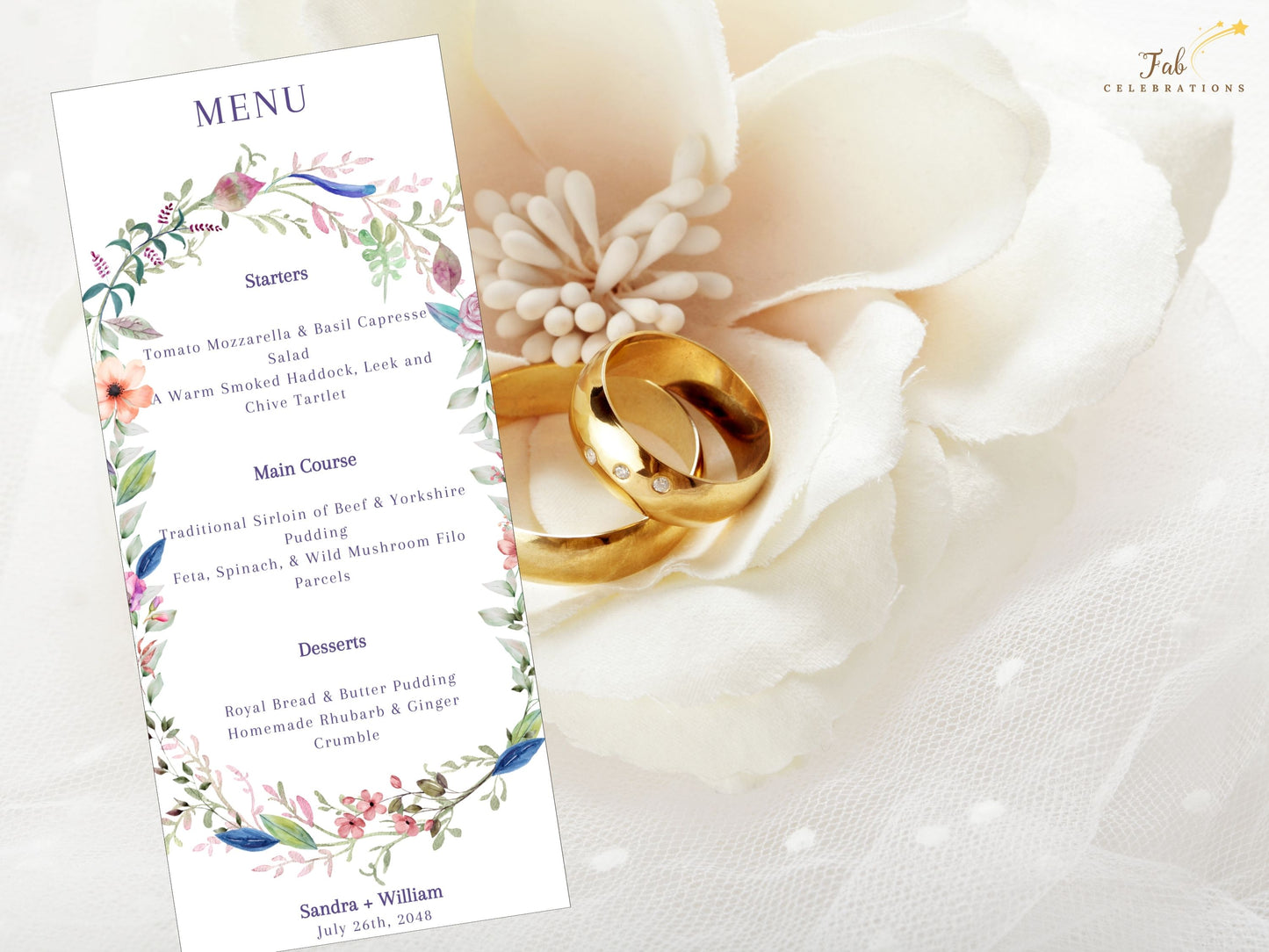 Wedding menu template rustic botanical style with watercolor floral accents and coordinated typography, ideal for countryside receptions and barn wedding dinners.