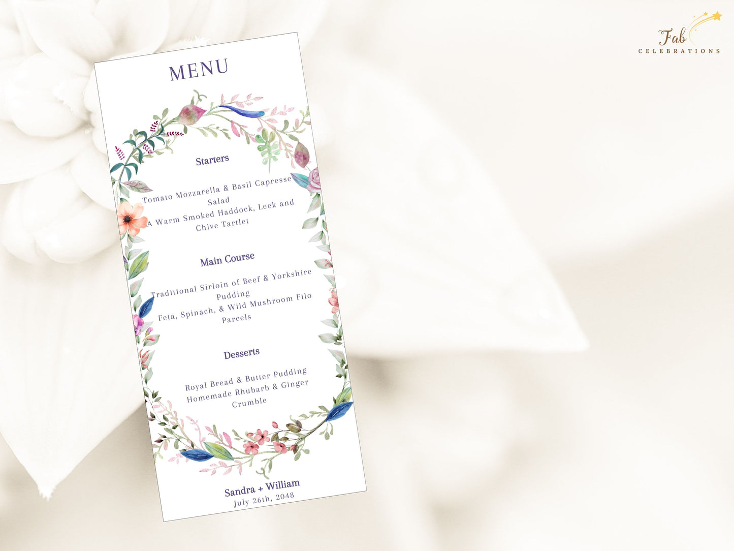 Wedding menu template customizable Canva file with hand-drawn floral borders and editable text, printable reception menu card for elegant modern weddings.