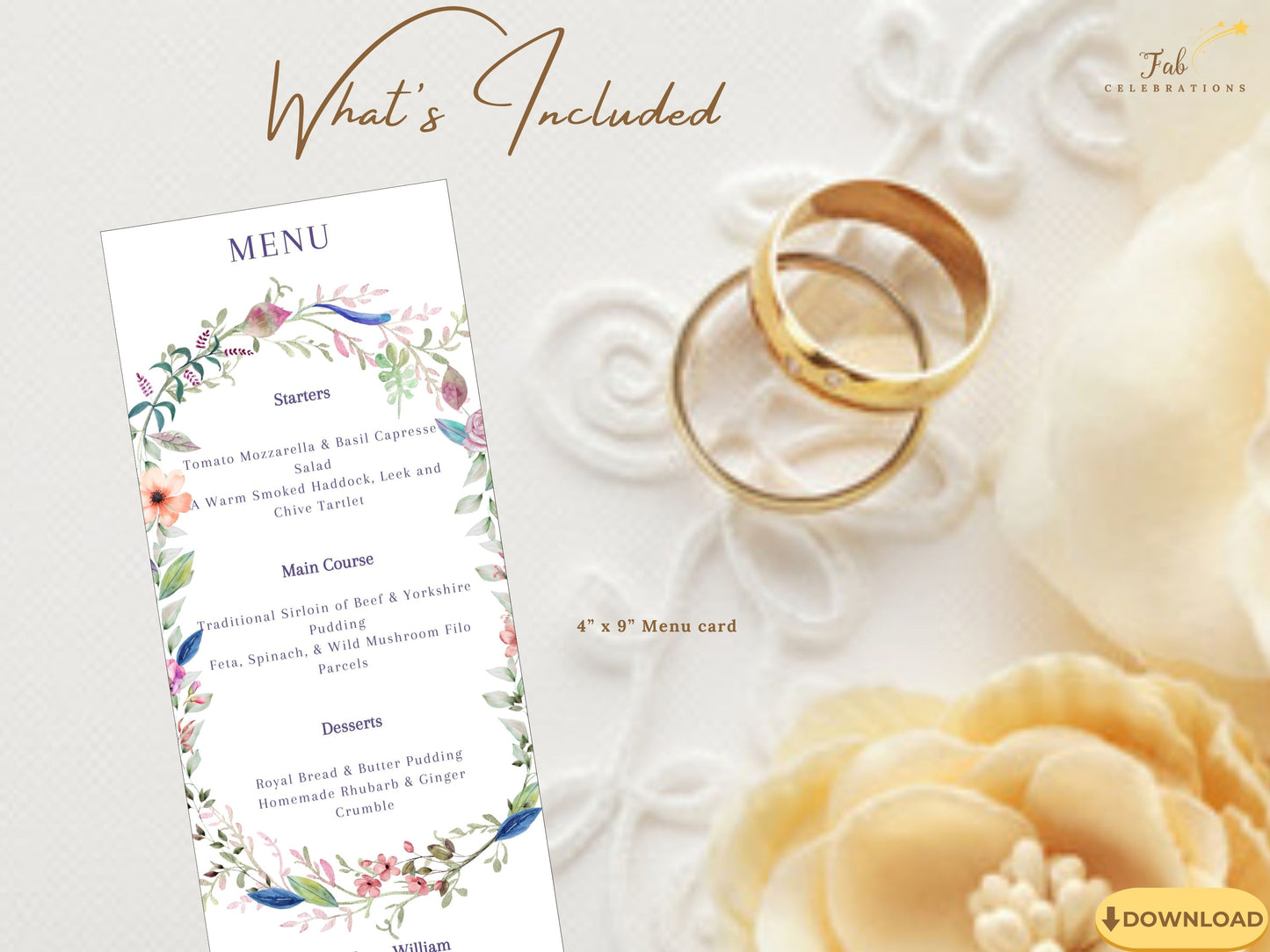 Wedding menu template editable Canva design featuring botanical borders and romantic typography, perfect menu stationery for garden and outdoor wedding dinners.
