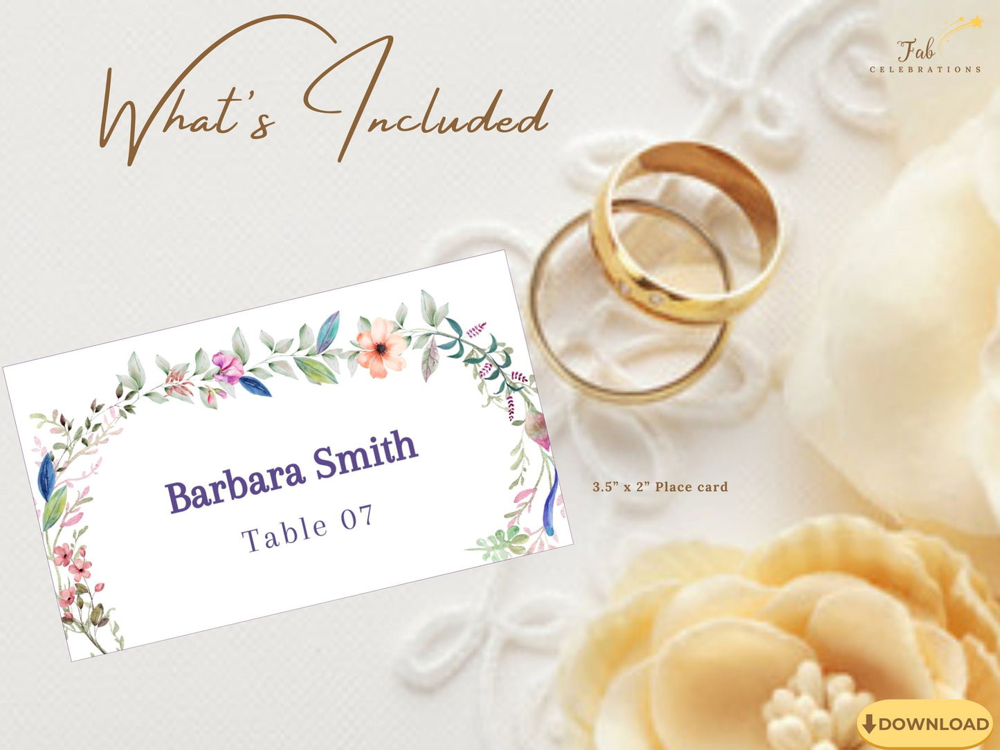 Wedding place card template editable Canva design featuring botanical borders and romantic typography, ideal for garden wedding table settings and outdoor ceremonies.