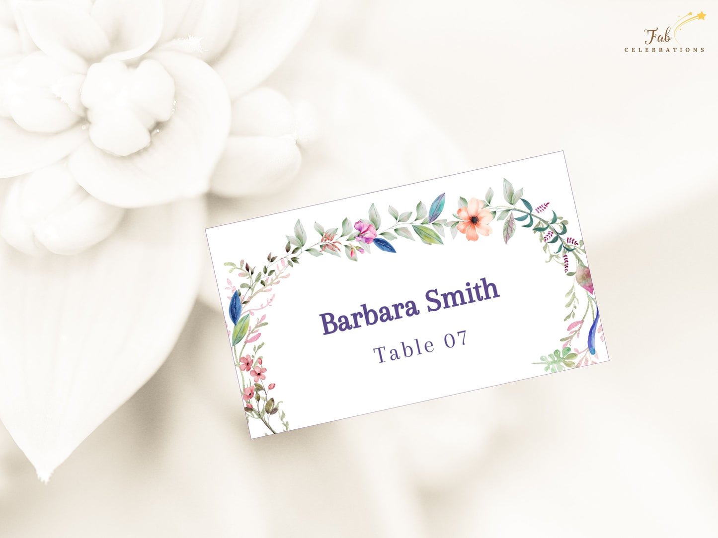Wedding place card template customizable Canva file with hand-drawn floral borders and editable name fields, printable escort card design for modern weddings.