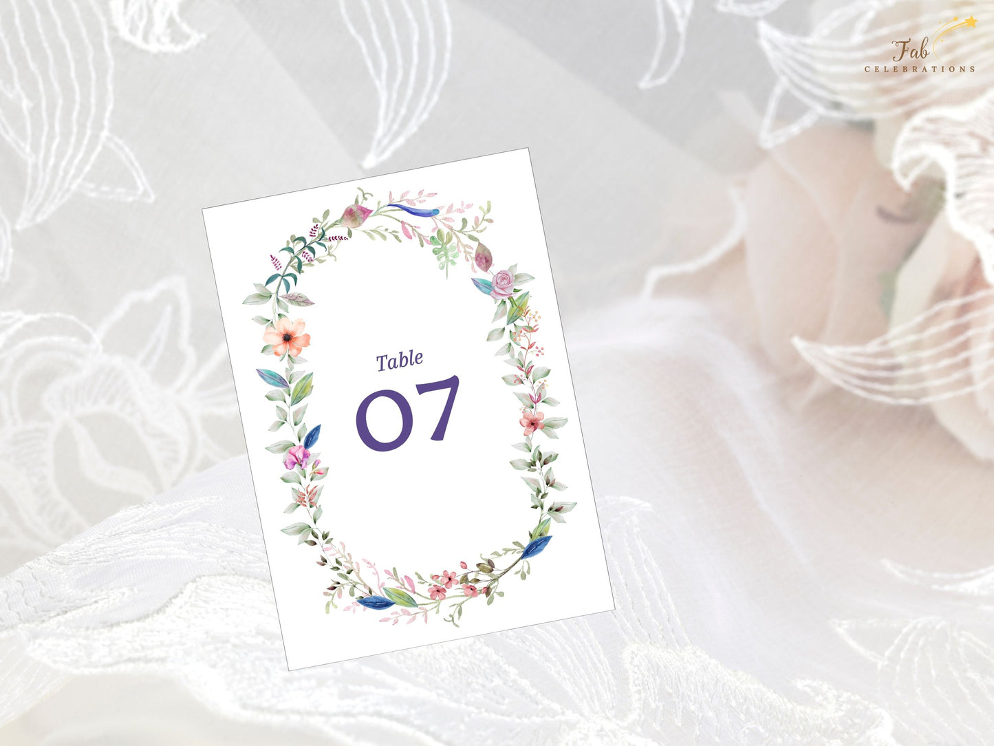 Wedding table number template rustic botanical style with watercolor floral elements and coordinated typography, ideal for barn weddings and vintage-inspired receptions.