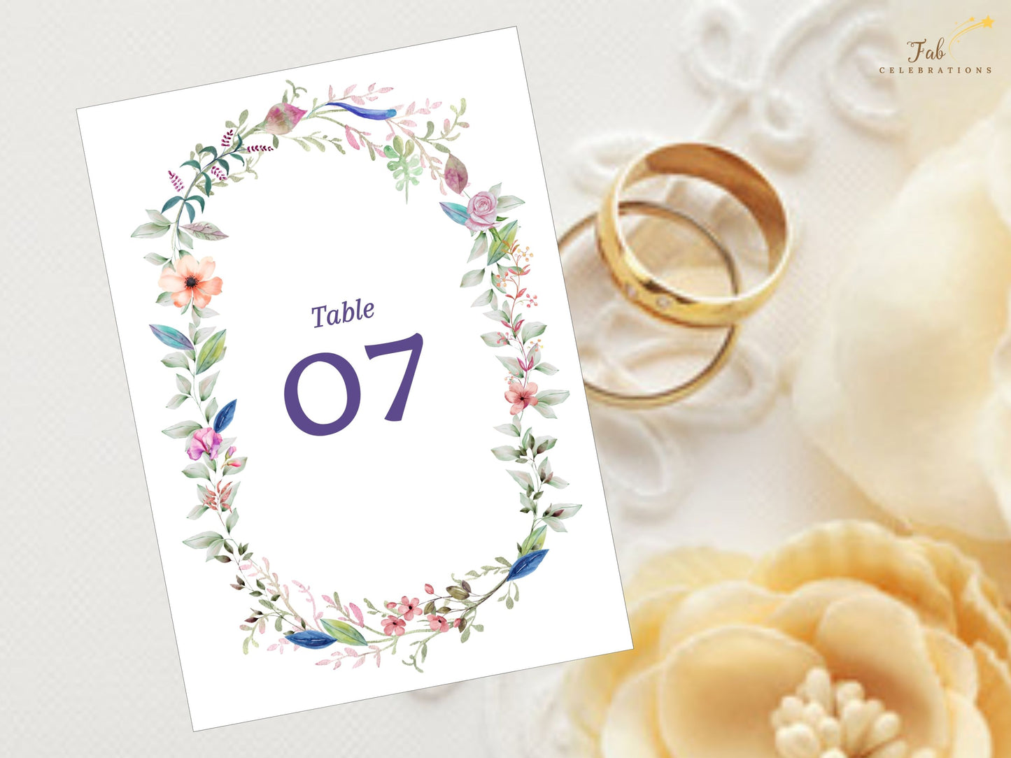 Wedding table number template with boho floral watercolor design, editable Canva format with customizable numbers, printable for rustic and garden wedding receptions.
