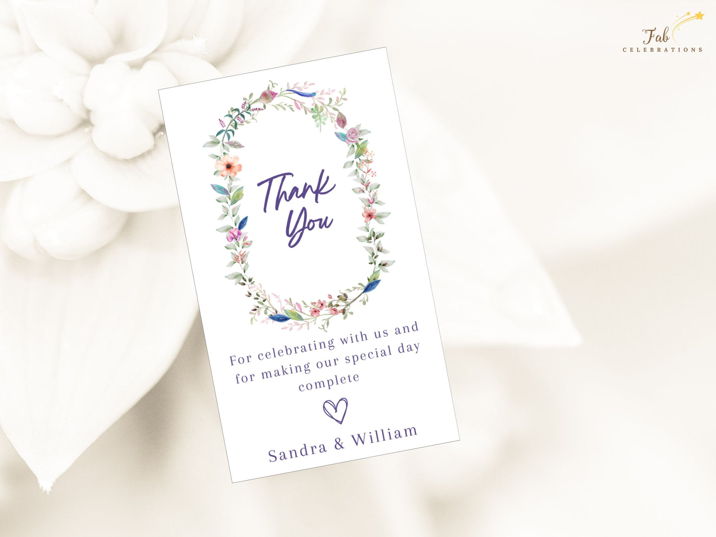 Wedding thank you card template with boho floral watercolor design, editable Canva file with customizable text, printable stationery for rustic garden weddings.