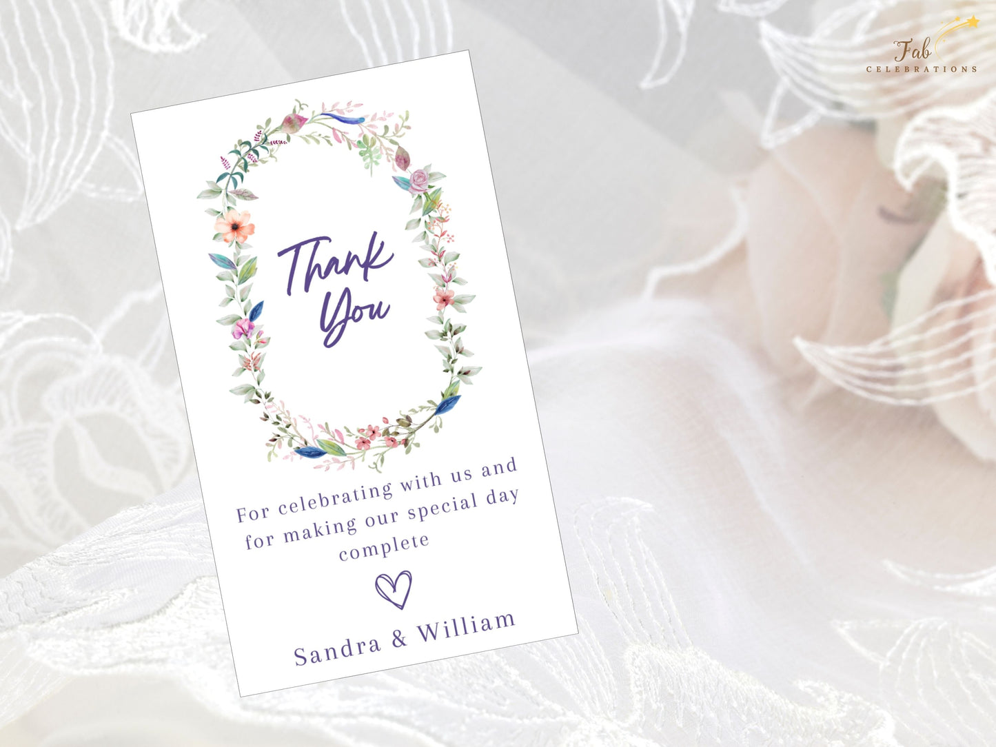 Wedding thank you card template rustic botanical style with watercolor floral accents and coordinated typography, ideal for countryside receptions and barn weddings.