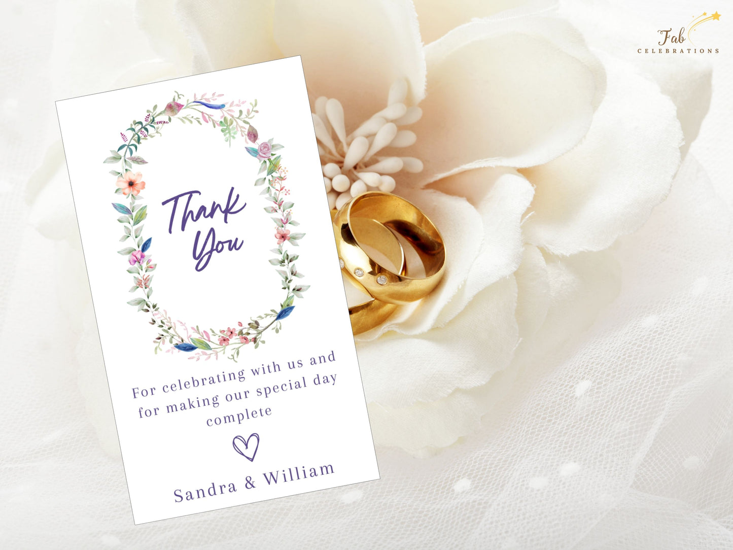 Wedding thank you card template customizable Canva file with hand-drawn floral borders and editable text fields, printable thank you card for elegant wedding stationery.