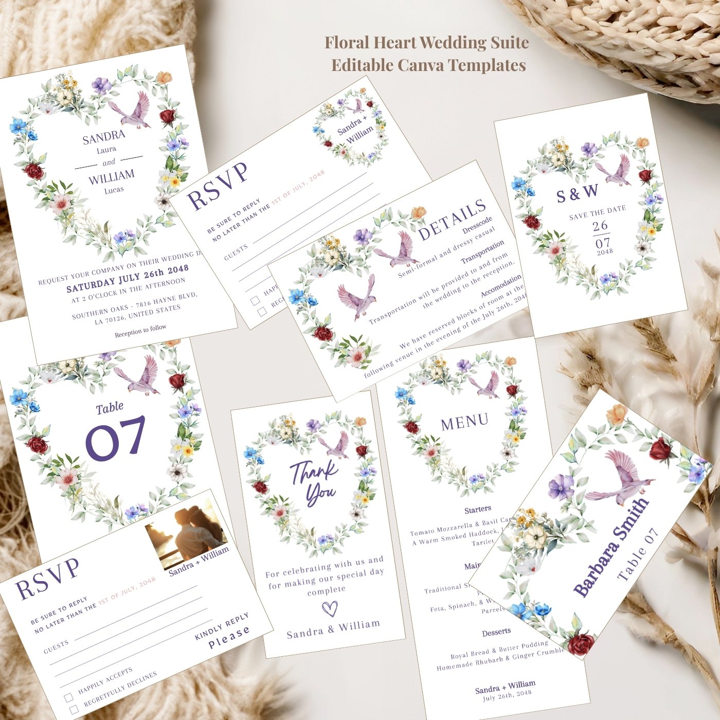 Elegant editable templates with floral heart and doves for a romantic wedding suite