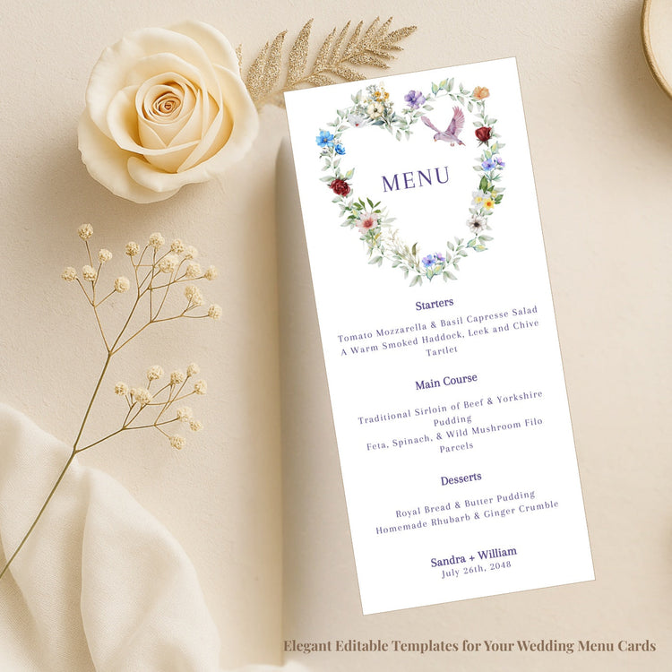 Elegant FabCelebrations wedding menu card collection featuring editable templates designed to complement your reception with timeless floral elegance.