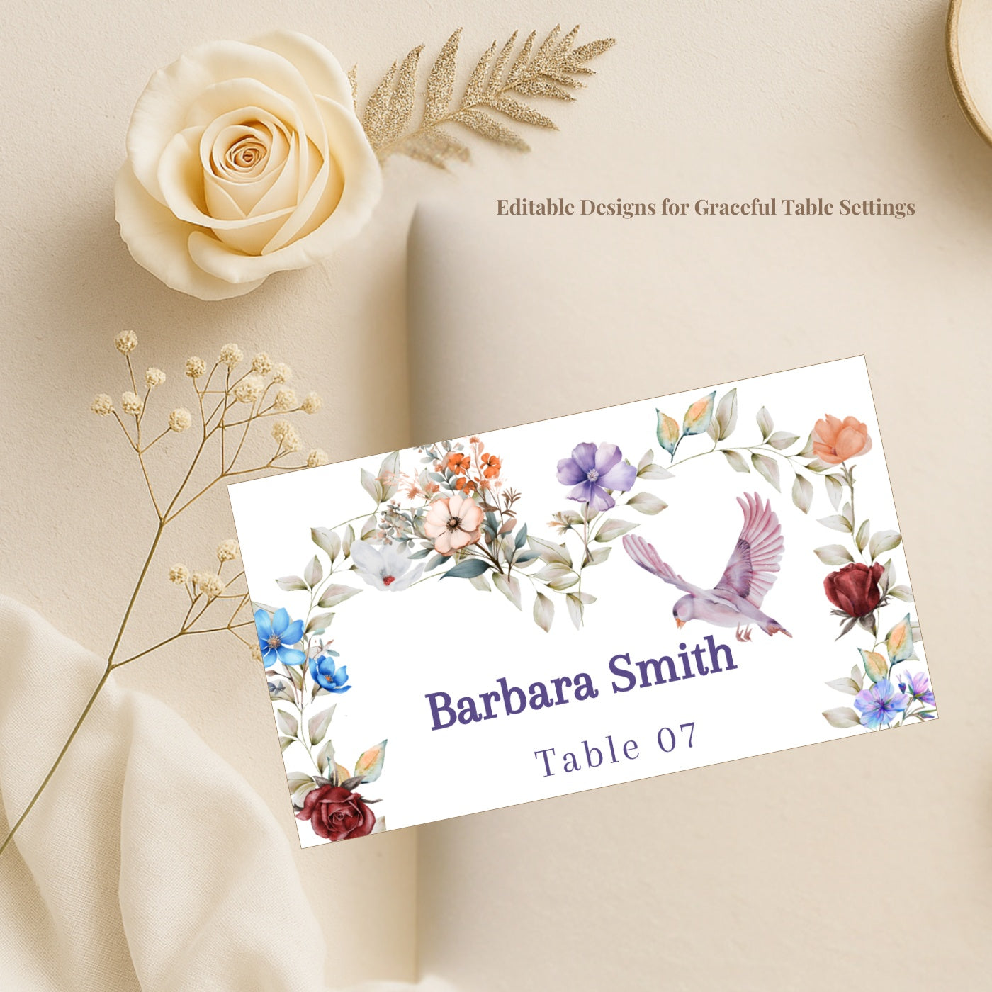 Elegant FabCelebrations wedding place card collection featuring editable templates designed to bring harmony, grace, and refined beauty to your reception tables.