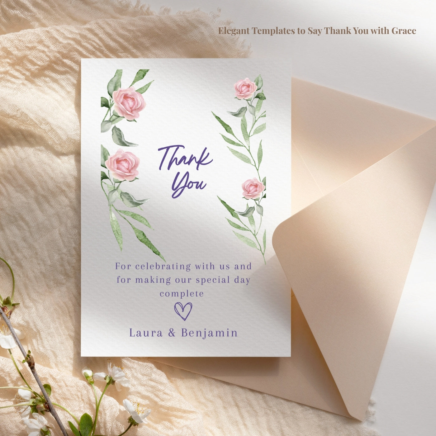 Elegant FabCelebrations wedding thank you card collection featuring editable templates designed to express love and gratitude with timeless floral elegance.