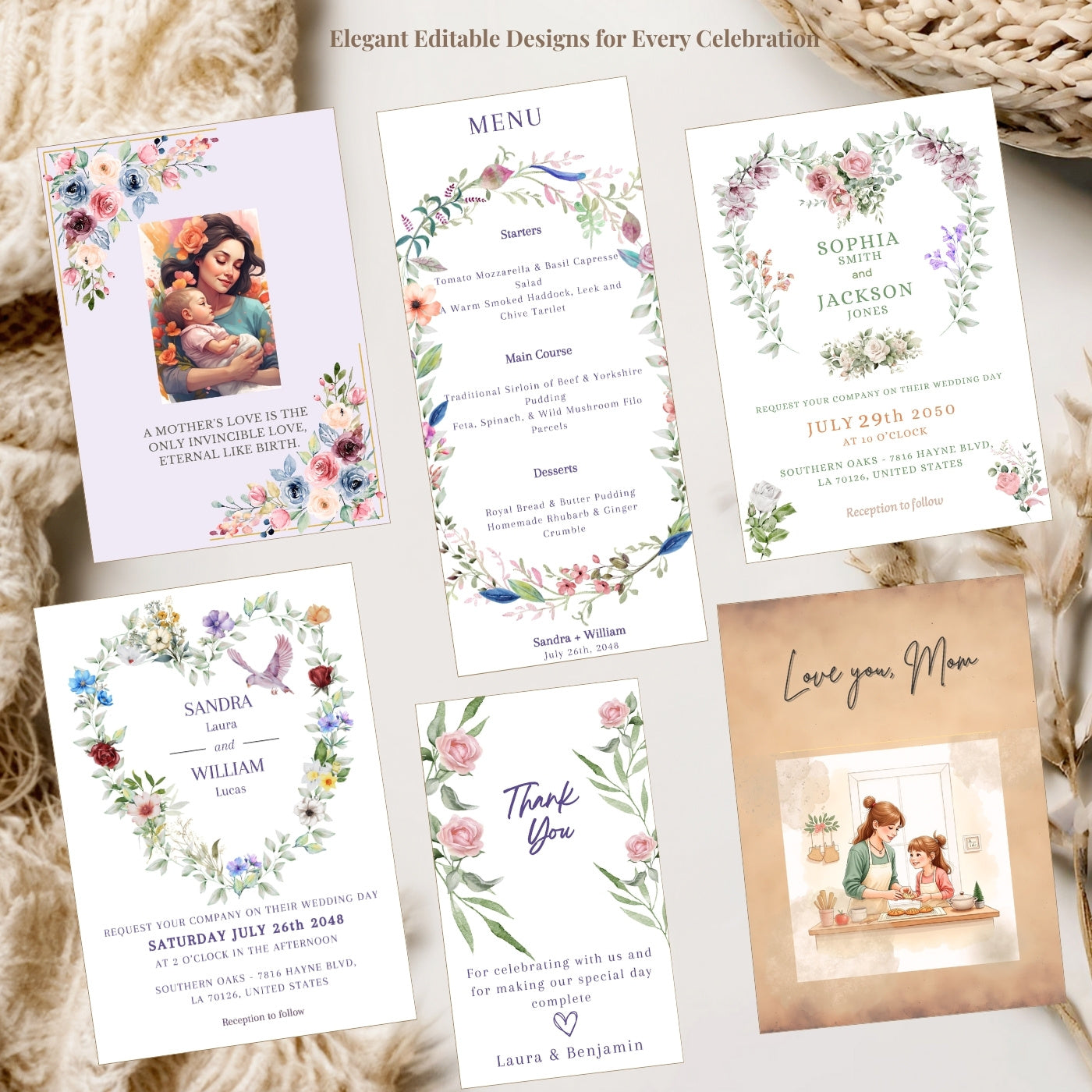 Elegant FabCelebrations collection showcasing printable and editable digital templates for weddings, parties, and all of life’s special celebrations.