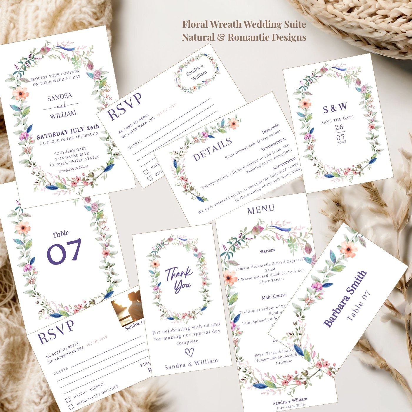 Elegant floral wreath wedding templates for a natural and romantic suite
