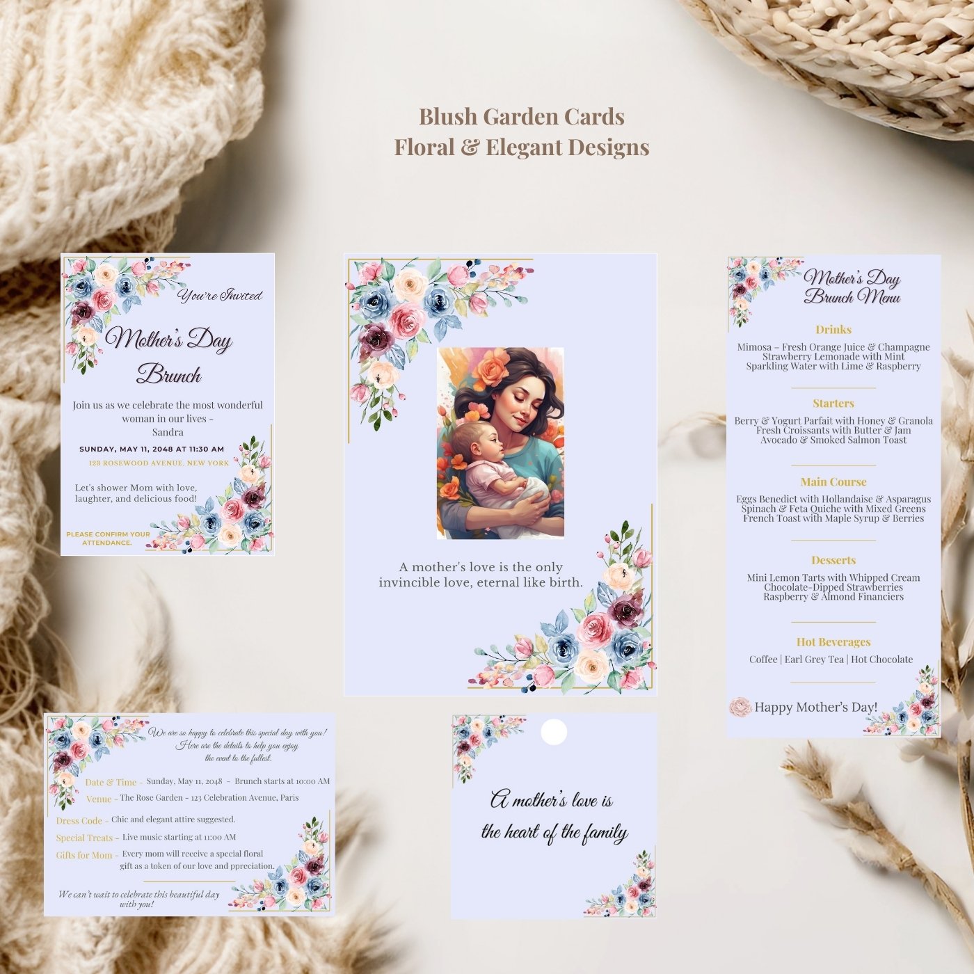 Blush floral Mother’s Day cards with soft and romantic botanical design