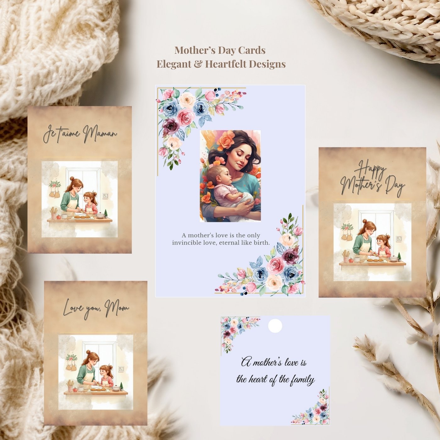 Mother’s Day cards collection with elegant printable and editable Canva designs