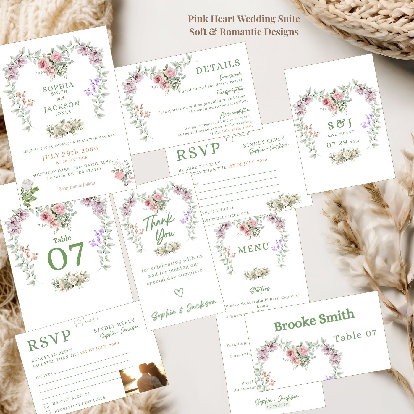 Romantic pink heart wedding templates for a soft and elegant wedding suite