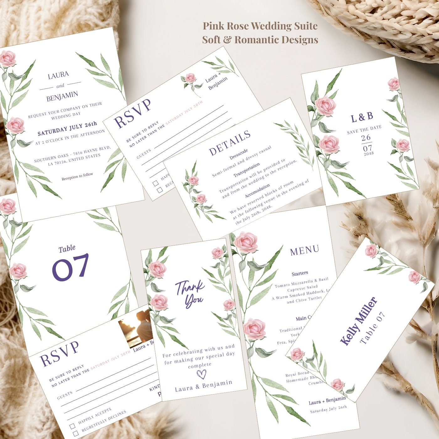 Romantic pink rose wedding templates for a soft and elegant floral suite