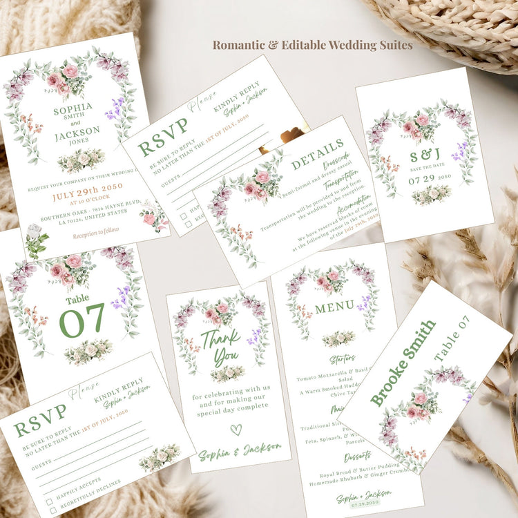 Elegant FabCelebrations wedding collections featuring printable and editable templates designed to celebrate love with timeless floral details.
