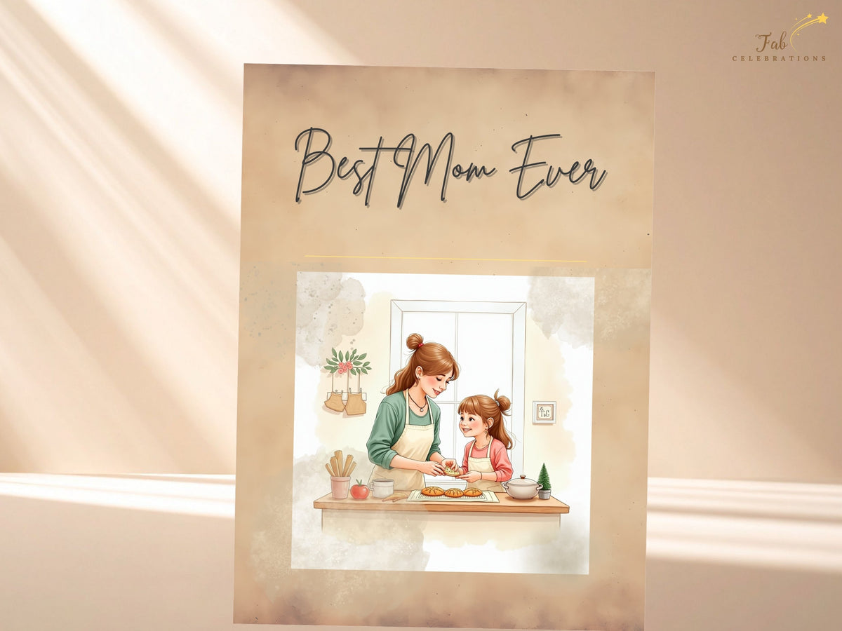 Mother's Day printable card with Best Mom Ever script lettering and a watercolor-inspired illustration of a mother and daughter together. Soft beige tones make a loving greeting for Mom.