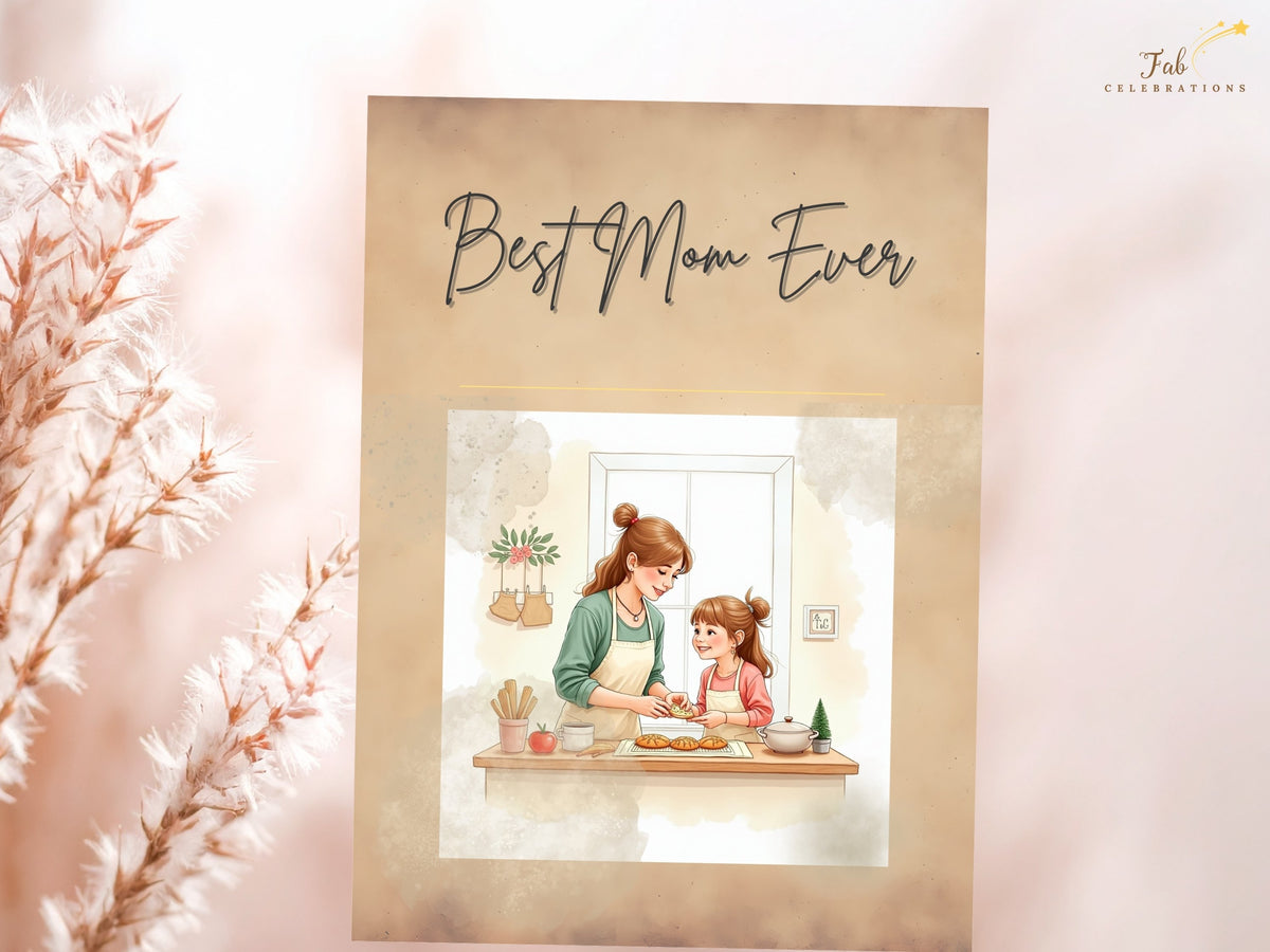 Mother's Day printable card with Best Mom Ever script lettering and a watercolor-inspired illustration of a mother and daughter together. Soft beige tones make a loving greeting for Mom.