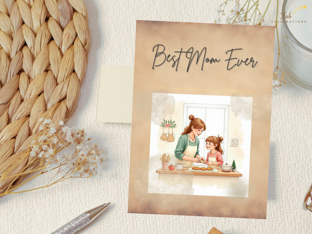 Mother's Day printable card with Best Mom Ever script lettering and a watercolor-inspired illustration of a mother and daughter together. Soft beige tones make a loving greeting for Mom.