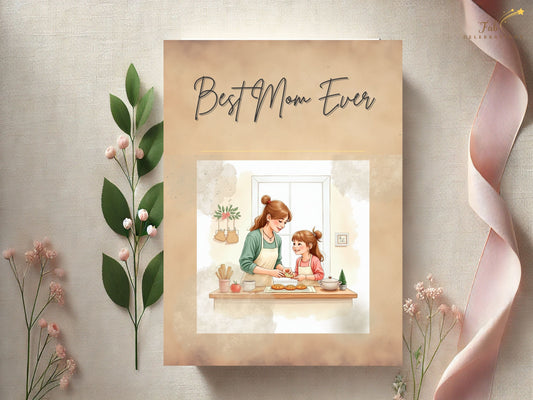 Best Mom Ever Card Printable featuring a tender mother and daughter baking together in a cozy kitchen scene, illustrated in soft watercolor-inspired neutral tones with elegant typography and timeless feminine charm.