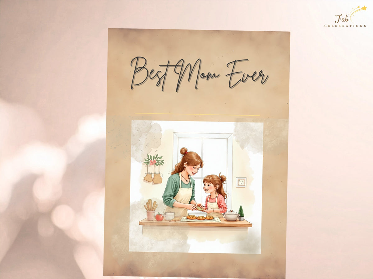 Mother's Day printable card with Best Mom Ever script lettering and a watercolor-inspired illustration of a mother and daughter together. Soft beige tones make a loving greeting for Mom.