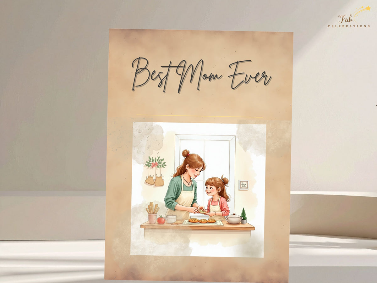 Mother's Day printable card with Best Mom Ever script lettering and a watercolor-inspired illustration of a mother and daughter together. Soft beige tones make a loving greeting for Mom.