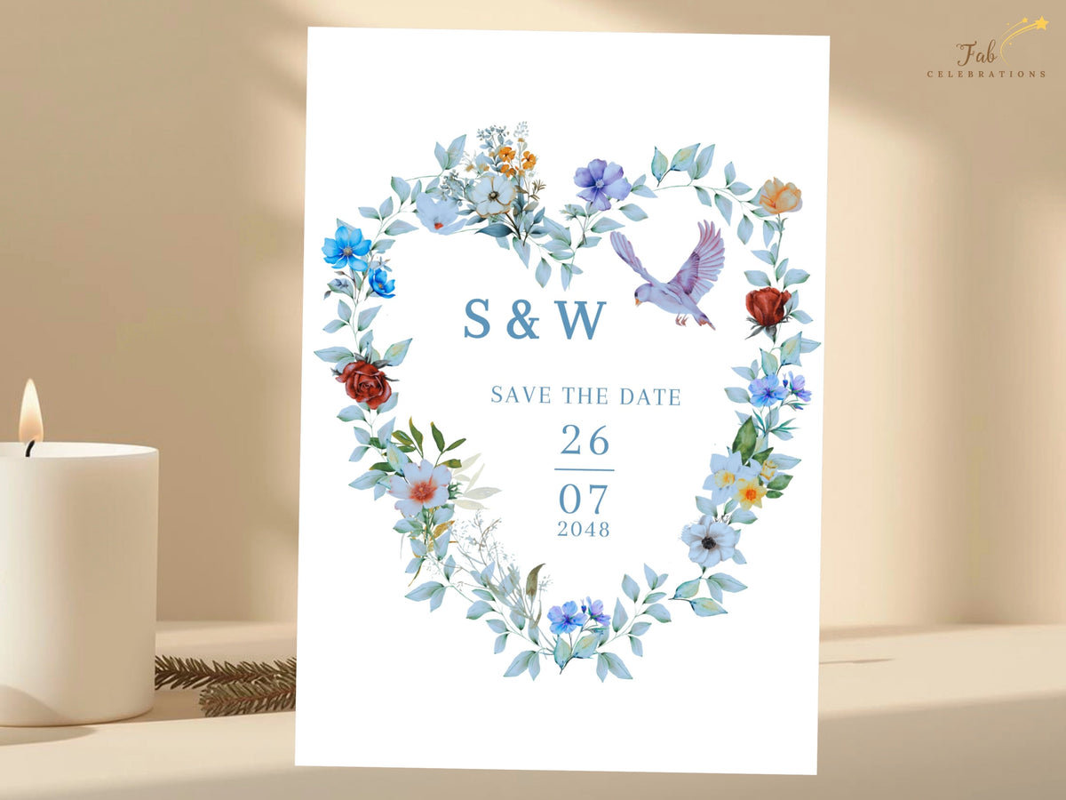 Save the date announcement featuring watercolor-inspired blue flowers, green botanical details and two doves surrounding the couple's initials and wedding date in a coordinated floral design.