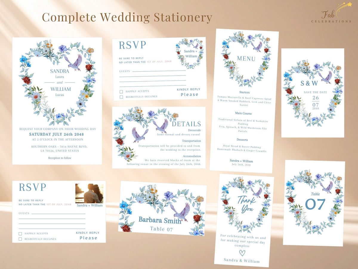 Complete wedding stationery collection showing eleven coordinated templates, including invitations, RSVP cards, details, save the date, menu, place card, table number and thank you designs with floral dove artwork.