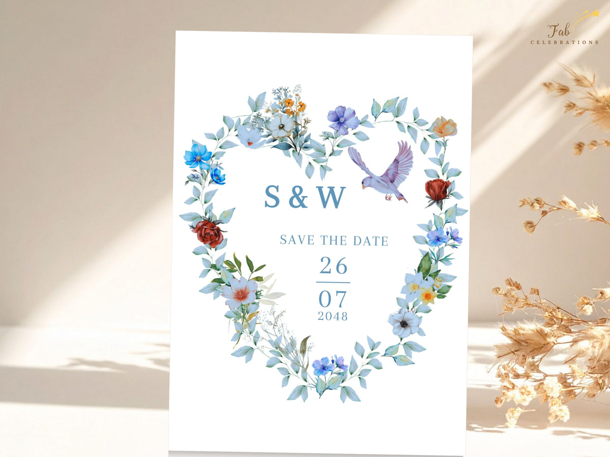 Editable floral save the date announcement featuring watercolor-inspired blue flowers, green leaves and dove artwork with elegant typography for the couple's initials, wedding date and year.