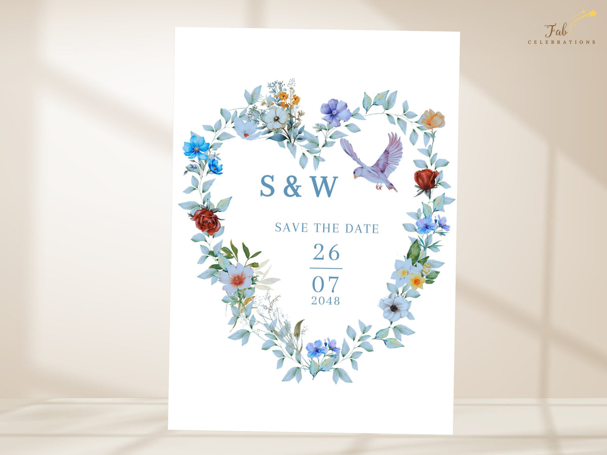 Floral save the date template featuring a watercolor-inspired heart wreath of blue blossoms and green foliage with two doves framing elegant initials and clearly displayed wedding date details.
