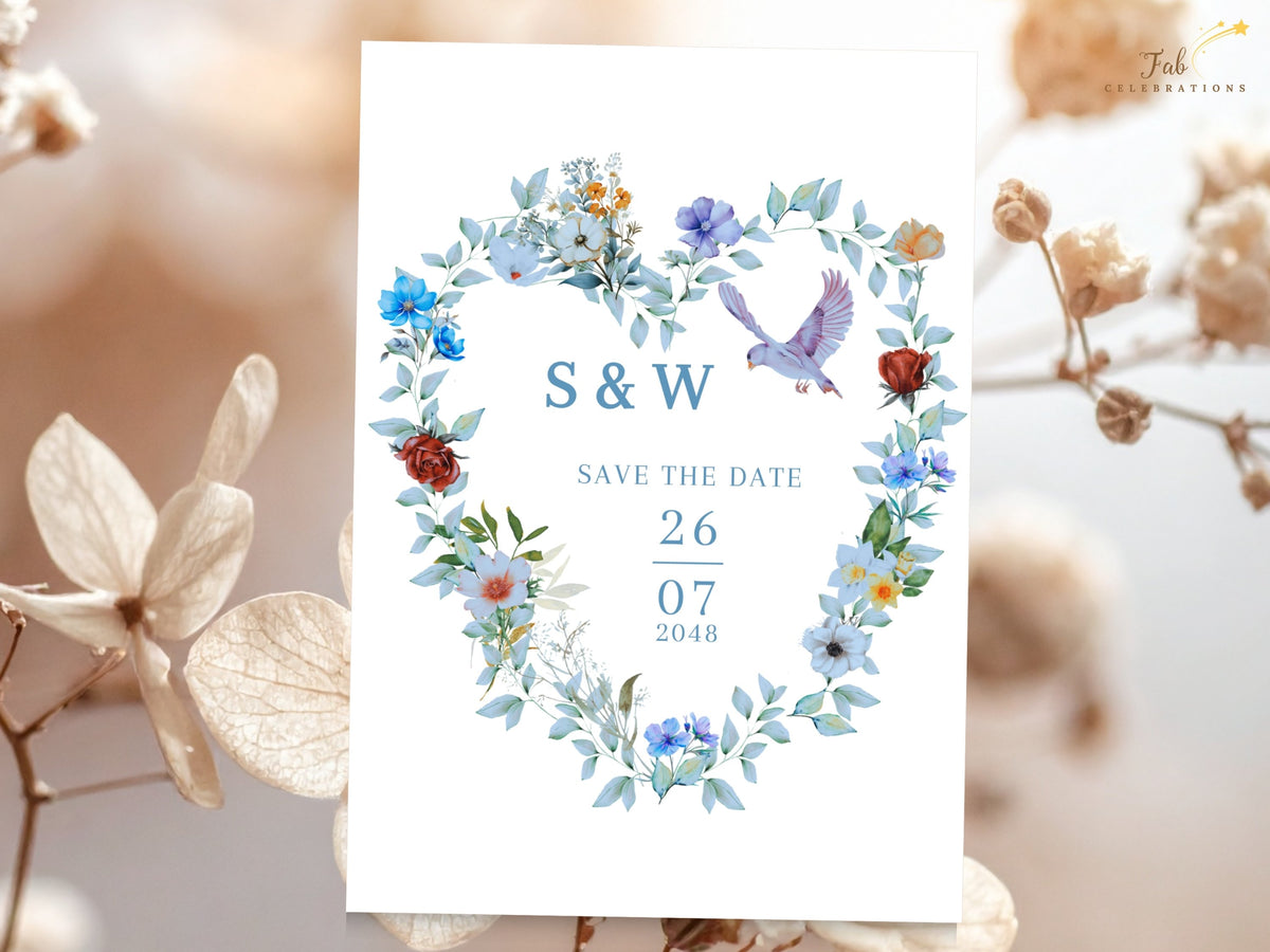 Save the date wedding template with watercolor-inspired blue blooms, soft green foliage and two graceful doves forming a romantic frame around the couple's initials and wedding date.