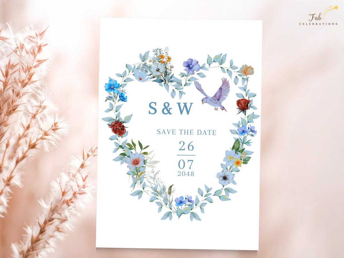 Save the date design featuring watercolor-inspired blue flowers, leafy green accents and two doves arranged around the couple's initials, date and year in a romantic heart-shaped composition.