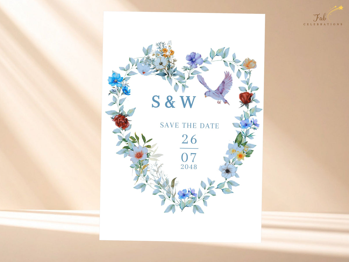 Wedding save the date card featuring a watercolor-inspired heart-shaped wreath with blue flowers, green foliage and two delicate doves, centered around elegant initials and the celebration date.