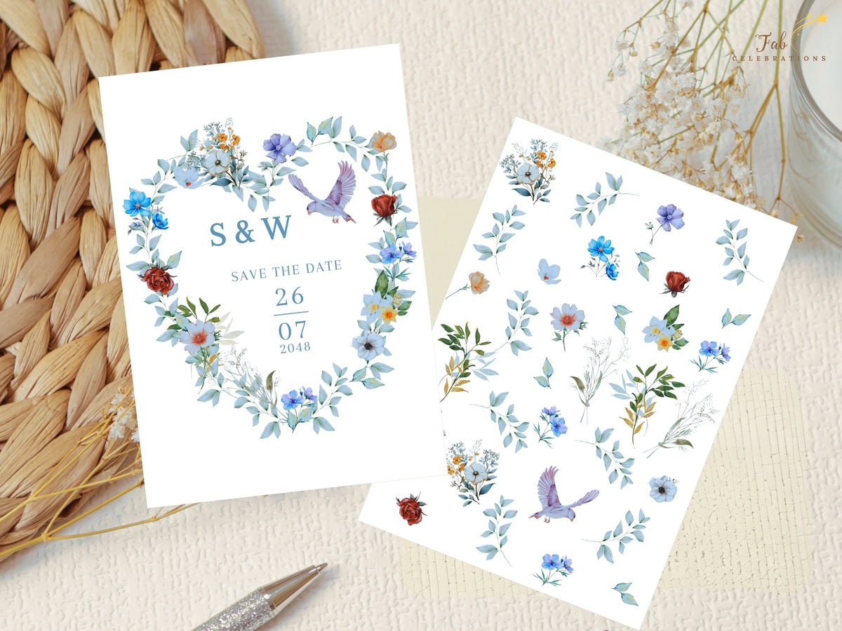 Save the date card displayed beside the watercolor-inspired floral element sheet used for the collection, featuring coordinated blue flowers, green foliage, botanical accents and dove illustrations.