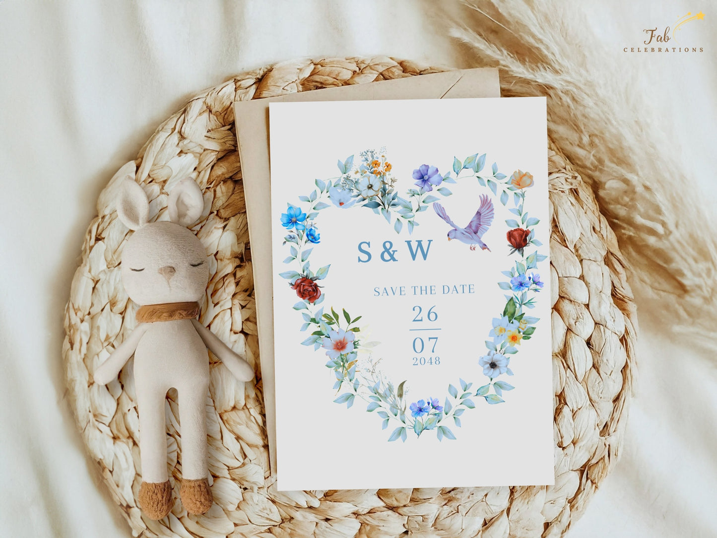 Editable Blue and Green Save the Date Card with soft dusty blue florals, botanical heart artwork and dove symbolism designed to announce your wedding date with timeless elegance.