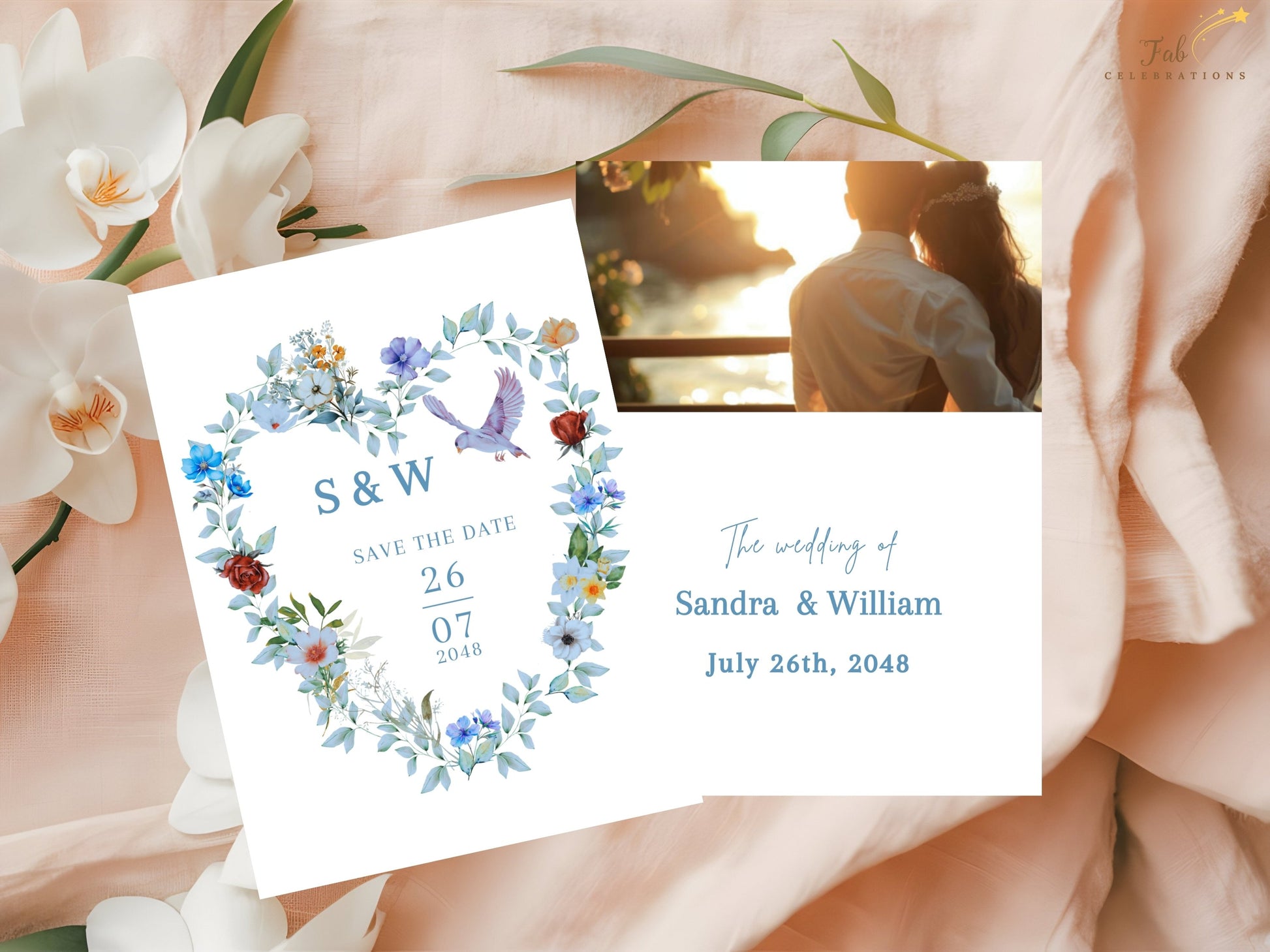Elegant Boho Wedding Invitation with coordinated front and back designs, including a floral illustration option and a customizable photo layout for couples.