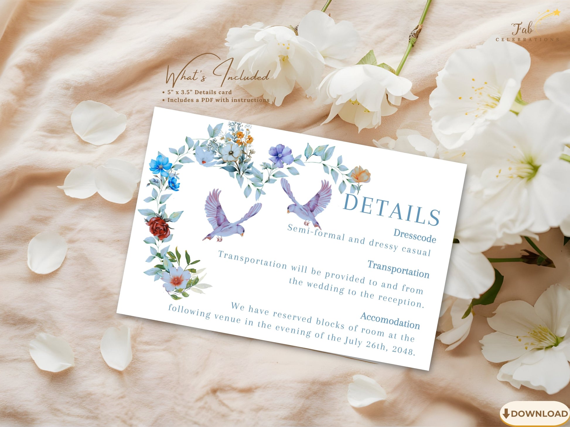 Editable Elegant Wedding Details Card with dusty blue florals, botanical heart artwork and two doves, designed to share wedding information with timeless elegance and charm.