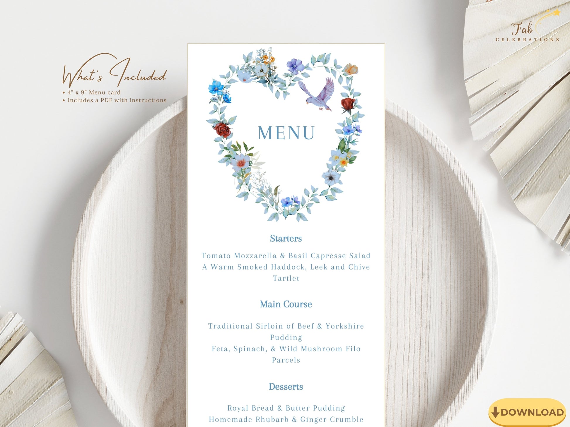 Romantic wedding menu template featuring a blue floral heart wreath, graceful dove motif and elegant typography for beautifully coordinated wedding reception décor.