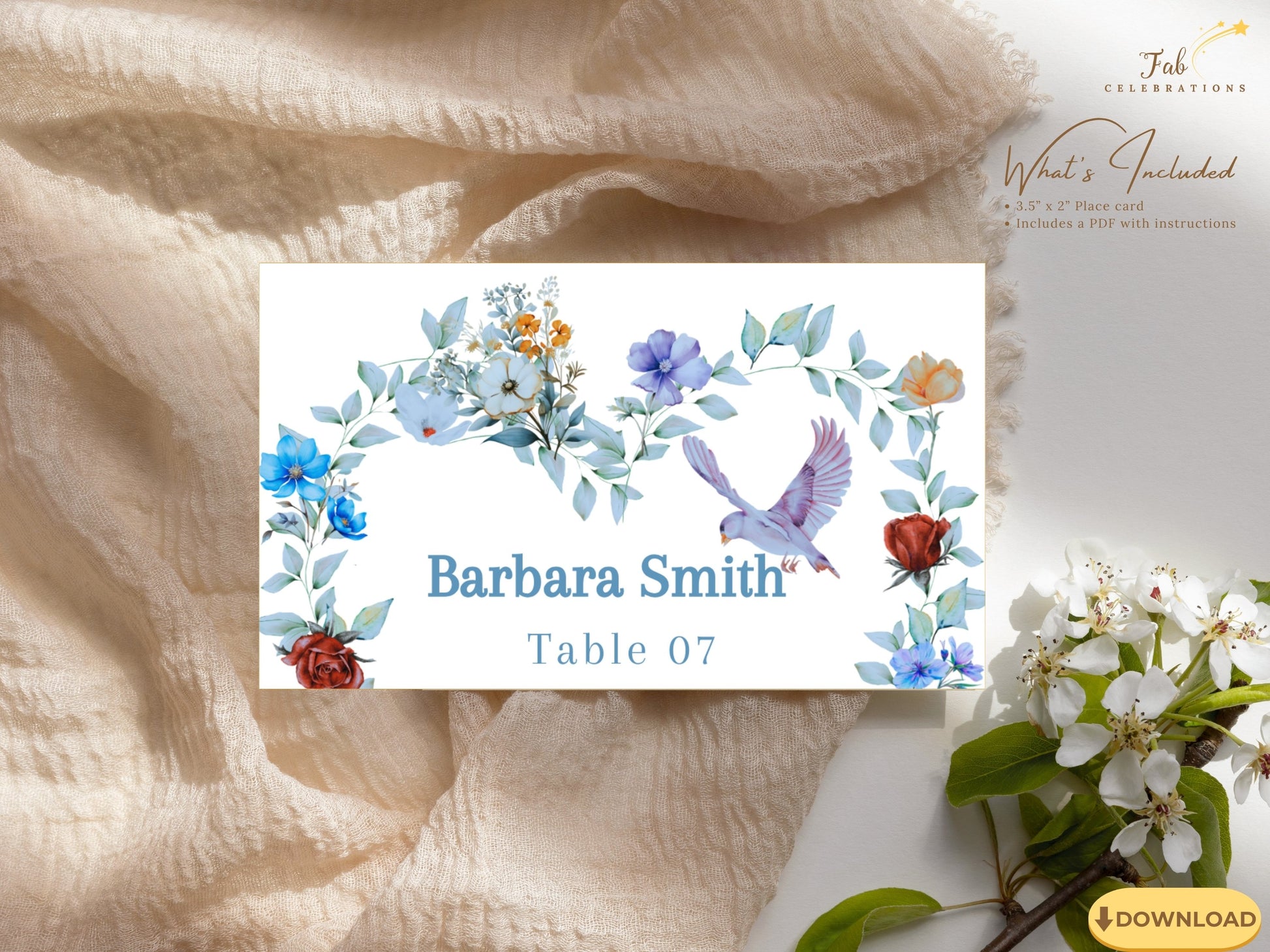 Editable Elegant Table Name Card with soft dusty blue florals, botanical accents and dove symbolism designed to personalize wedding seating with timeless elegance.