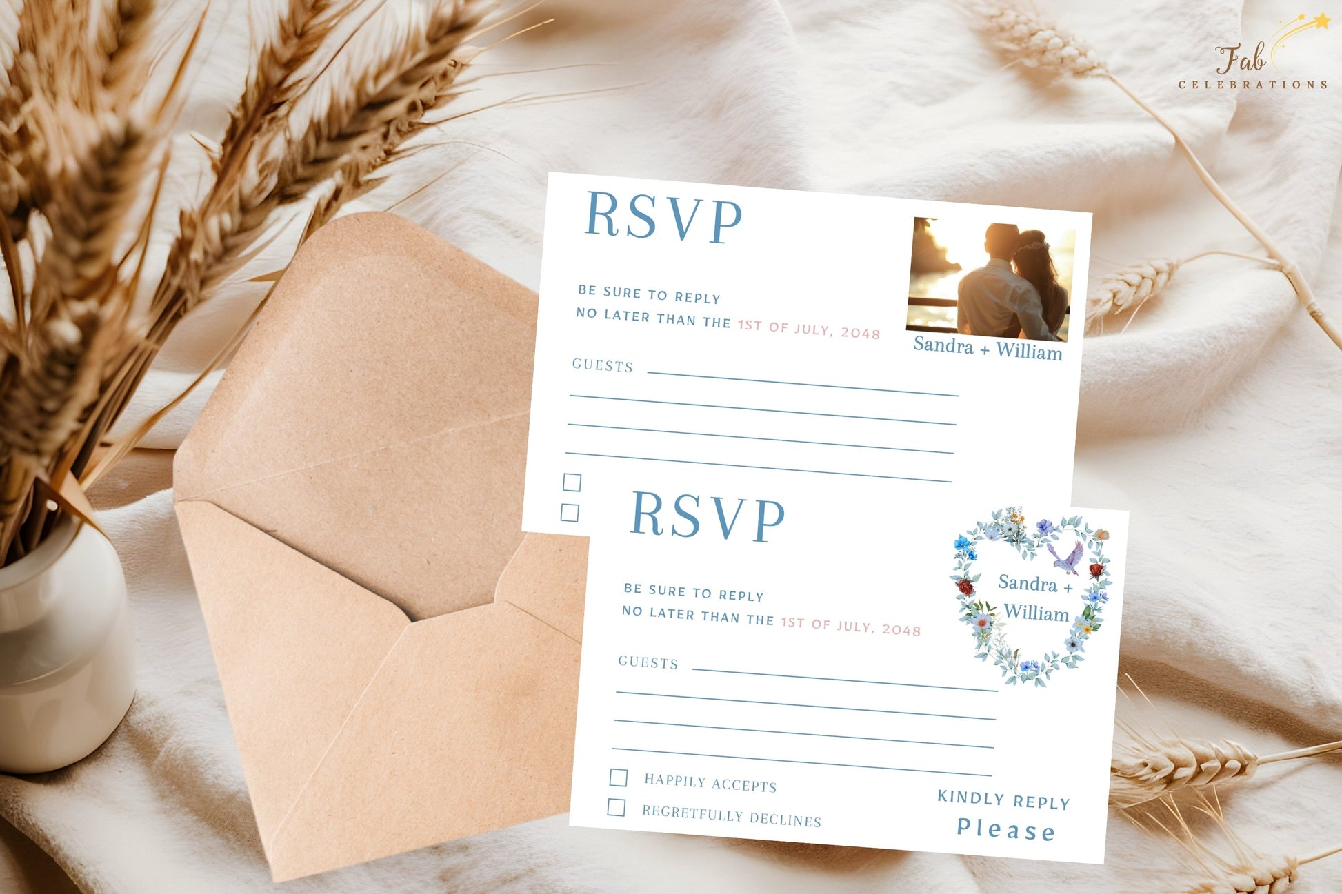 Blue floral RSVP card template with elegant botanical decorations and editable Canva layout created for timeless wedding stationery collections.