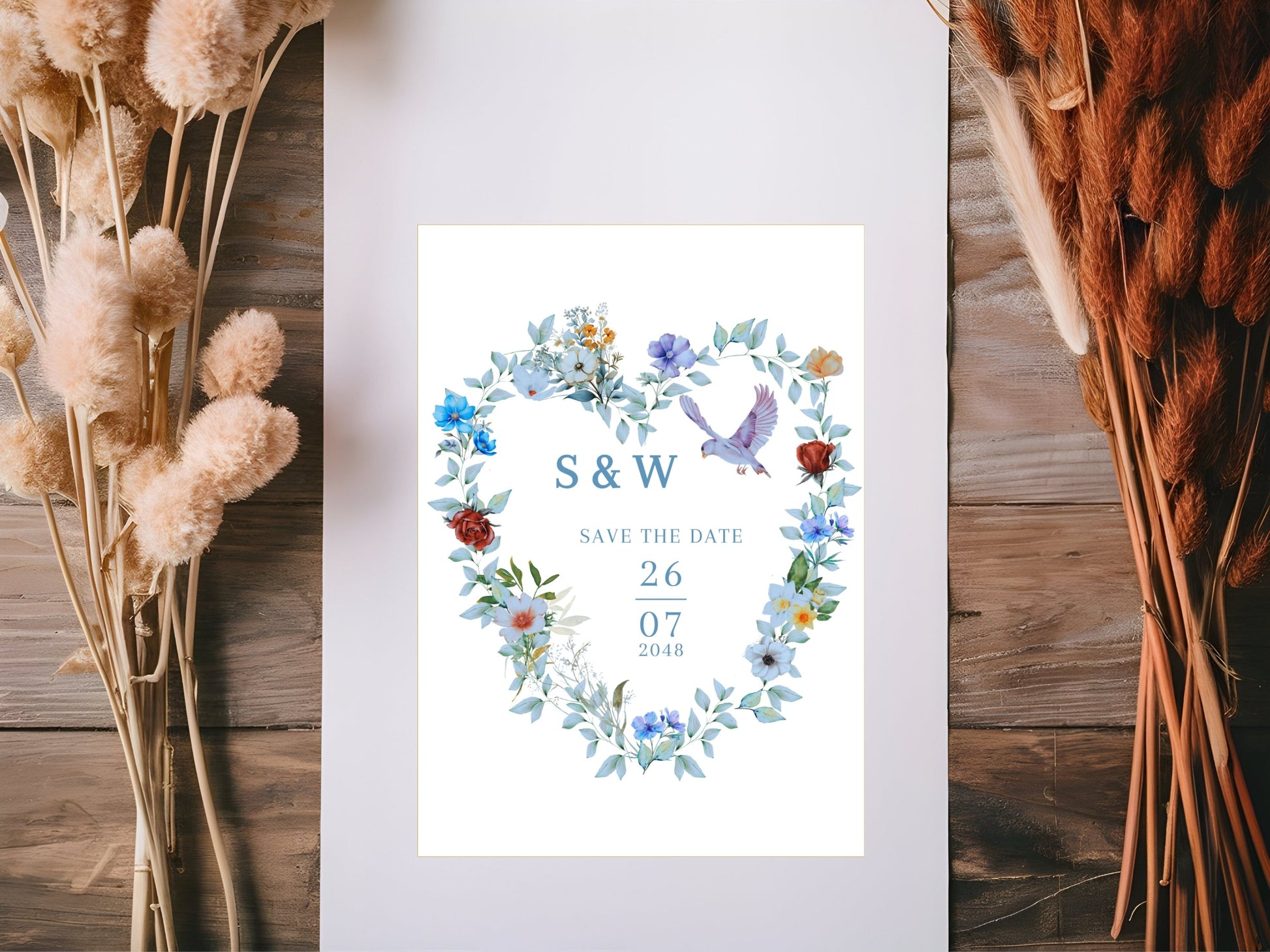 Blue and Green Save the Date Card designed for garden weddings and French-inspired celebrations with customizable Canva editing and refined botanical styling.