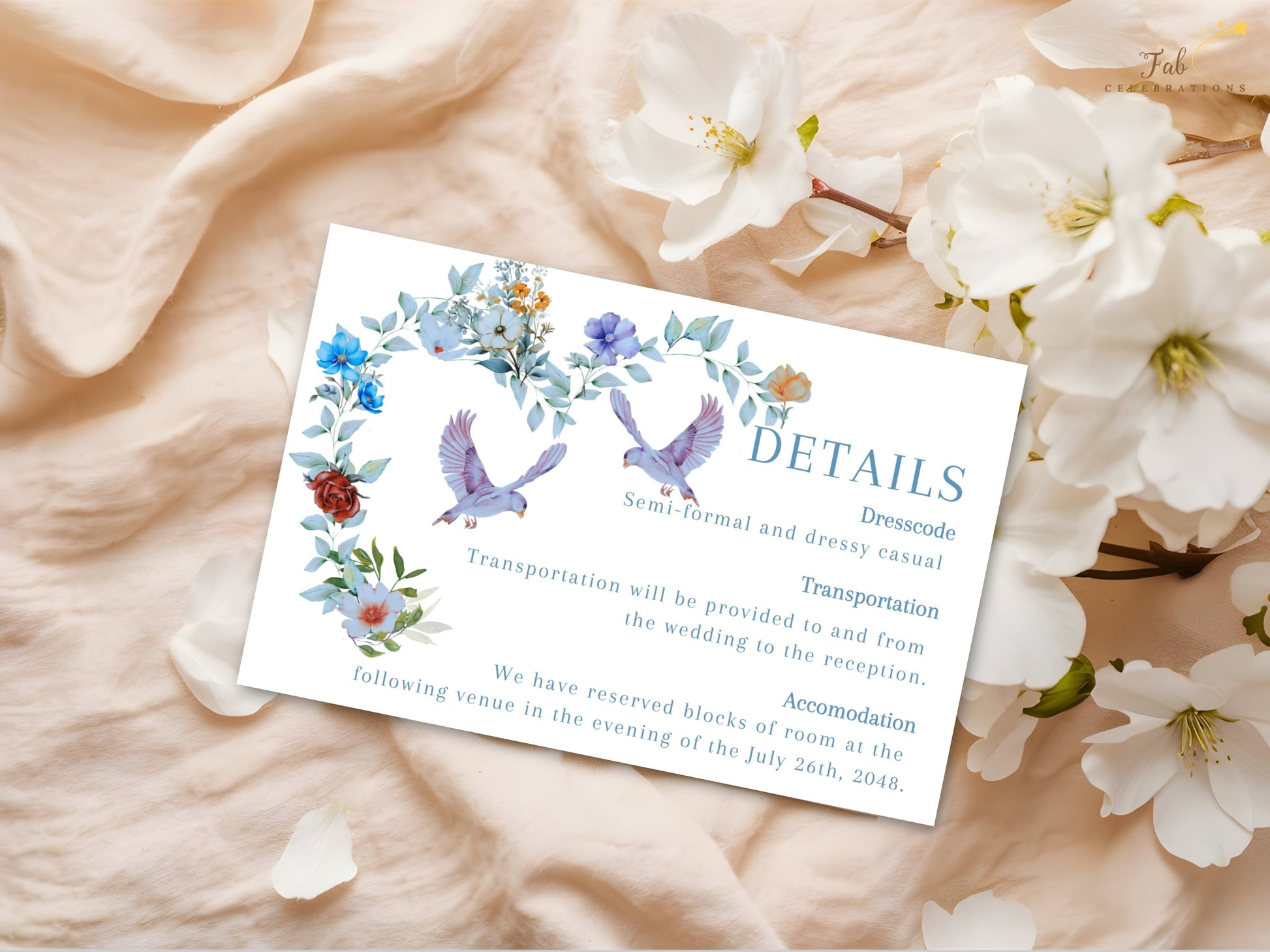 Elegant Wedding Details Card designed for garden weddings and French-inspired celebrations with customizable Canva editing and refined botanical wedding styling.